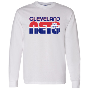 Vintage-style Cleveland Nets WTT long sleeve T-shirt with retro 1970s tennis team logo graphic in white