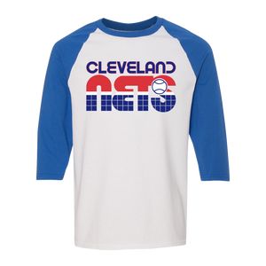 Retro Cleveland Nets raglan 3/4 sleeve t-shirt featuring vintage WTT tennis team logo in white/royal blue