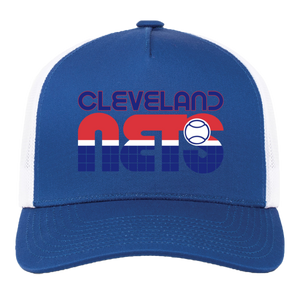 Vintage Cleveland Nets World Team Tennis trucker cap with seamless 5-panel front and retro logo in royal blue/white