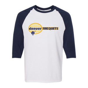 Retro Denver Racquets raglan 3/4 sleeve t-shirt featuring vintage WTT tennis team logo in white/navy