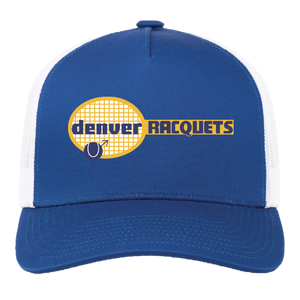 Vintage Denver Racquets World Team Tennis trucker cap with seamless 5-panel front and retro logo in royal blue/white