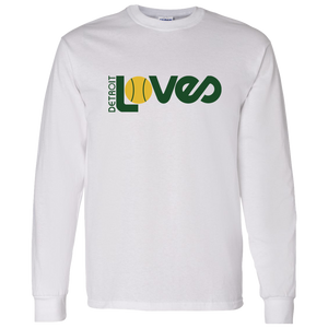 Vintage-style Detroit Loves WTT long sleeve T-shirt with retro 1970s tennis team logo graphic in white