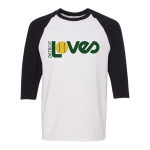 Retro Detroit Loves raglan 3/4 sleeve t-shirt featuring vintage WTT tennis team logo in white/black