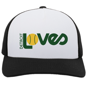 Vintage Detroit Loves World Team Tennis trucker cap with seamless 5-panel front and retro logo in white/black