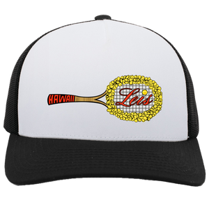 Vintage Hawaii Leis World Team Tennis trucker cap with seamless 5-panel front and retro logo in white/black