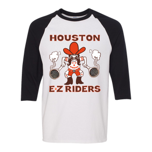 Retro Houston E-Z Riders raglan 3/4 sleeve t-shirt featuring vintage WTT tennis team logo in white/black