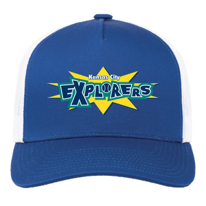 Vintage Kansas City Explorers World Team Tennis trucker cap with seamless 5-panel front and retro logo in royal blue/white