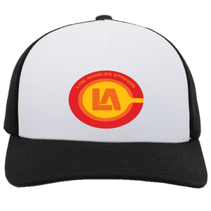 Vintage Los Angeles Strings World Team Tennis trucker cap with seamless 5-panel front and retro logo in white/black