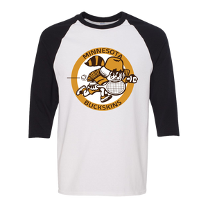 Retro Minnesota Buckskins raglan 3/4 sleeve t-shirt featuring vintage WTT tennis team logo in white/black