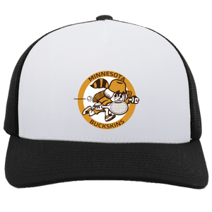 Vintage Minnesota Buckskins World Team Tennis trucker cap with seamless 5-panel front and retro logo in white/black