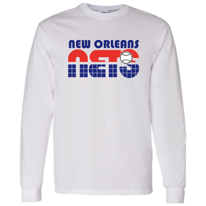 Retro New Orleans Sunbelt Nets long sleeve shirt featuring vintage WTT tennis team logo in white