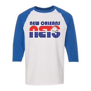 Retro New Orleans Sunbelt Nets raglan 3/4 sleeve t-shirt featuring vintage WTT tennis team logo in white/royal blue