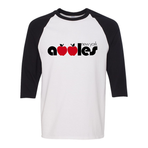 Retro New York Apples raglan 3/4 sleeve t-shirt featuring vintage WTT tennis team logo in white/black