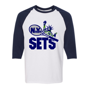 Retro New York Sets raglan 3/4 sleeve t-shirt featuring vintage WTT tennis team logo in white/navy