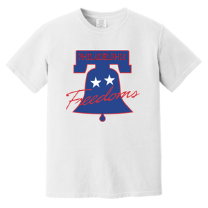 Vintage-style Philadelphia Freedoms WTT T-shirt with retro 1970s tennis team logo graphic in white