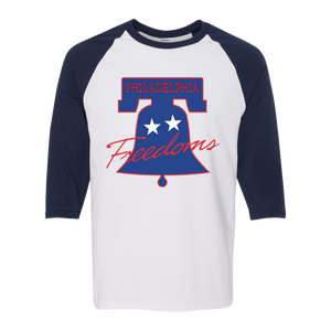 Retro Philadelphia Freedoms raglan 3/4 sleeve t-shirt featuring vintage WTT tennis team logo in white/navy