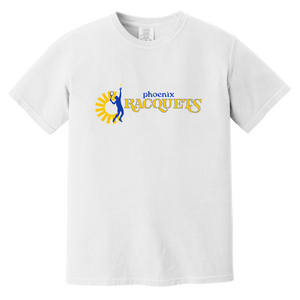 Vintage-style Phoenix Racquets WTT T-shirt with retro 1970s tennis team logo graphic in white