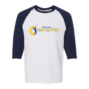 Retro Phoenix Racquets raglan 3/4 sleeve t-shirt featuring vintage WTT tennis team logo in white/navy
