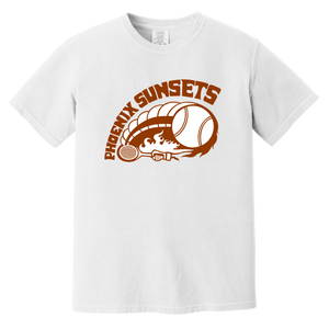 Vintage-style Phoenix Sunsets WTT T-shirt with retro 1970s tennis team logo graphic in white