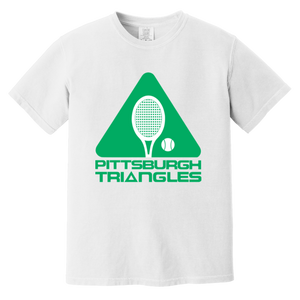 Vintage-style Pittsburgh Triangles WTT T-shirt with retro 1970s tennis team logo graphic in white