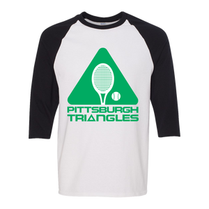 Retro Pittsburgh Triangles raglan 3/4 sleeve t-shirt featuring vintage WTT tennis team logo in white/black