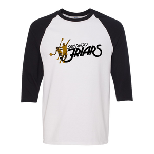 Retro San Diego Friars raglan 3/4 sleeve t-shirt featuring vintage WTT tennis team logo in white/black