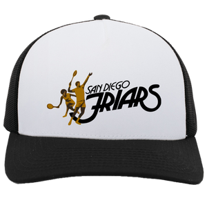 Retro San Diego Friars World Team Tennis trucker cap with seamless 5-panel front and retro logo in white/black