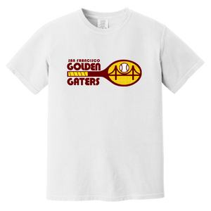 Vintage-style San Francisco Golden Gaters WTT T-shirt with retro 1970s tennis team logo graphic in white