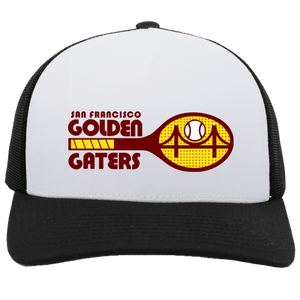 Vintage San Francisco Golden Gaters World Team Tennis trucker cap with seamless 5-panel front and retro logo in white/black