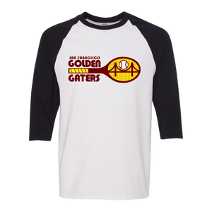 Retro San Francisco Golden Gaters raglan 3/4 sleeve t-shirt featuring vintage WTT tennis team logo in white/black