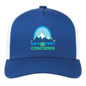 Vintage Sea Port Cascades World Team Tennis trucker cap with seamless 5-panel front and retro logo in royal blue/white
