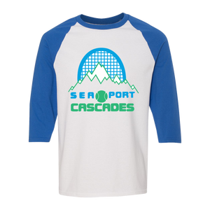 Retro Sea Port Cascades raglan 3/4 sleeve t-shirt featuring vintage WTT tennis team logo in white/royal blue