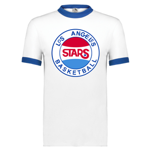 Los Angeles Stars ABA T-shirt Ringer American Basketball Association Team Tee color White/Royal Blue Los Angeles Stars ABA T-shirt Ringer American Basketball Association Team Tee color White/Royal Blue