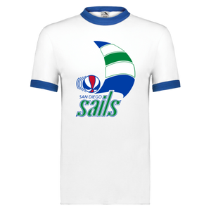 San Diego Sails ABA T-shirt Ringer American Basketball Association Team Tee color White/Royal Blue San Diego Sails ABA T-shirt Ringer American Basketball Association Team Tee color White/Royal Blue