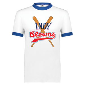 Indianapolis Clowns T-shirt Rarified Ringer Negro League Baseball color White/Royal Blue Indianapolis Clowns T-shirt Rarified Ringer Negro League Baseball color White/Royal Blue