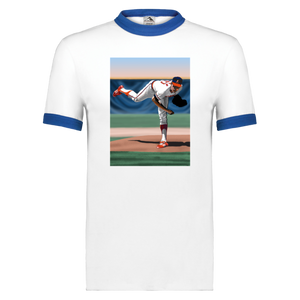 Nolan Ryan Ringer T-shirt MLB Baseball Pitcher MLB California Angels Pitcher Illustration Art color White/Royal Blue Nolan Ryan Ringer T-shirt MLB Baseball Pitcher MLB California Angels Pitcher Illustration Art color White/Royal Blue