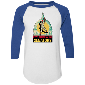 Washington Senators Raglan Shirt 3/4 Sleeve MLB Baseball 1957 Team Logo color White/Royal Blue Washington Senators Raglan Shirt 3/4 Sleeve MLB Baseball 1957 Team Logo color White/Royal Blue