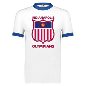 Indianapolis Olympians T-shirt Short Sleeve Cotton Tee Shirt NBA Basketball Team color White/Royal Blue Indianapolis Olympians T-shirt Short Sleeve Cotton Tee Shirt NBA Basketball Team color White/Royal Blue