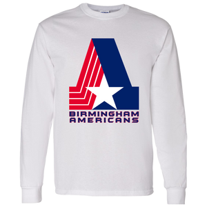 Birmingham Americans Long Sleeve Shirt Cotton WFL Football Team Logo color White Birmingham Americans Long Sleeve Shirt Cotton WFL Football Team Logo color White