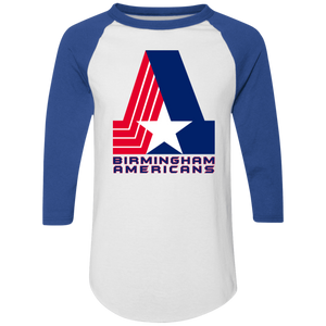 Birmingham Americans Raglan Shirt 3/4 Sleeve WFL Football Team Logo color White/Royal Blue Birmingham Americans Raglan Shirt 3/4 Sleeve WFL Football Team Logo color White/Royal Blue