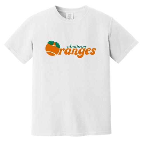 Vintage-style Anaheim Oranges WTT T-shirt with retro 1970s team logo graphic in white