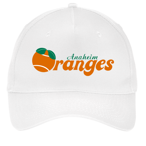Vintage Anaheim Oranges World Team Tennis twill cap with seamless 5-panel front and retro logo in white