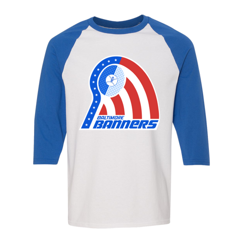 Retro Baltimore Banners Raglan 3/4 sleeve t-shirt featuring vintage WTT tennis team logo in white/royal blue