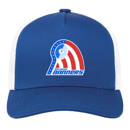 Vintage Baltimore Banners World Team Tennis trucker cap with seamless 5-panel front and retro logo in royal blue/white