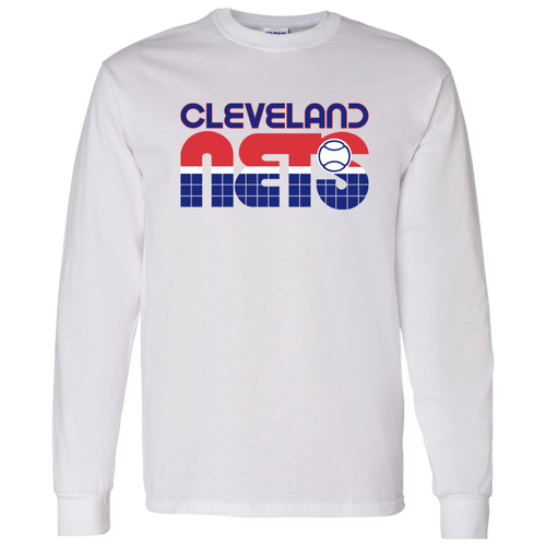 Vintage-style Cleveland Nets WTT long sleeve T-shirt with retro 1970s tennis team logo graphic in white