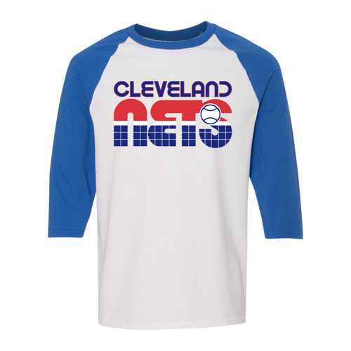 Retro Cleveland Nets raglan 3/4 sleeve t-shirt featuring vintage WTT tennis team logo in white/royal blue