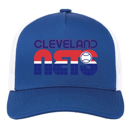 Vintage Cleveland Nets World Team Tennis trucker cap with seamless 5-panel front and retro logo in royal blue/white