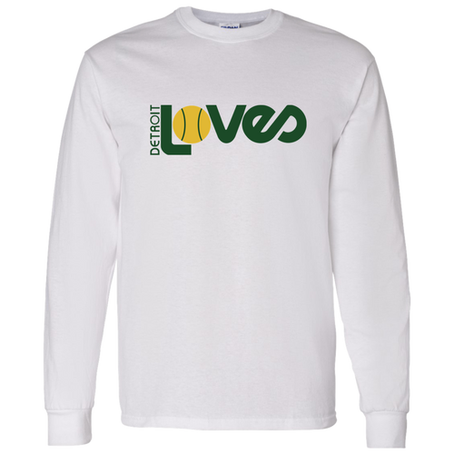 Vintage-style Detroit Loves WTT long sleeve T-shirt with retro 1970s tennis team logo graphic in white