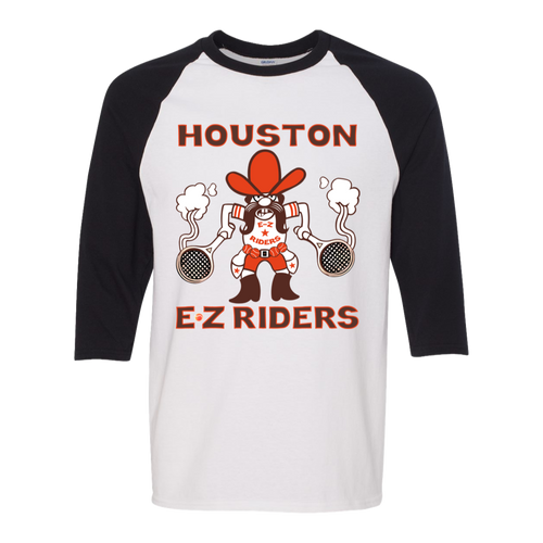 Retro Houston E-Z Riders raglan 3/4 sleeve t-shirt featuring vintage WTT tennis team logo in white/black