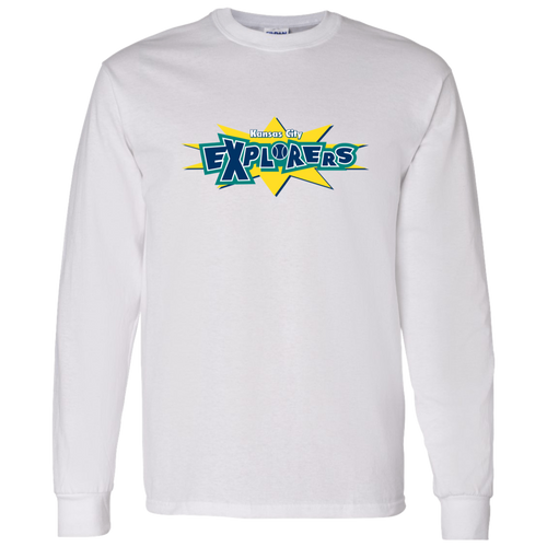 Retro Kansas City Explorers long sleeve shirt featuring vintage WTT tennis team logo in White